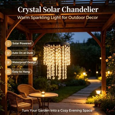 Outdoor Solar Crystal Hanging Chandelier, Waterproof Auto Dusk To Dawn Warm LED Light, Decorative Pendant Lamp for Pergola, Backyard, Wedding & Garden