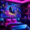 2D Vibrant Moon Goddess Tapestry, Floral Starry Night Wall Tapestry, Bohemian Aesthetic Home Decor