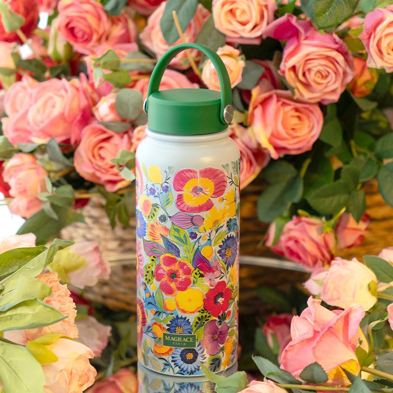 

1L Flower Design Stainless Steel Vaccum Insluated Flask Thermal Tumbler Water Bottle Keep Hot And Cold 1000ML