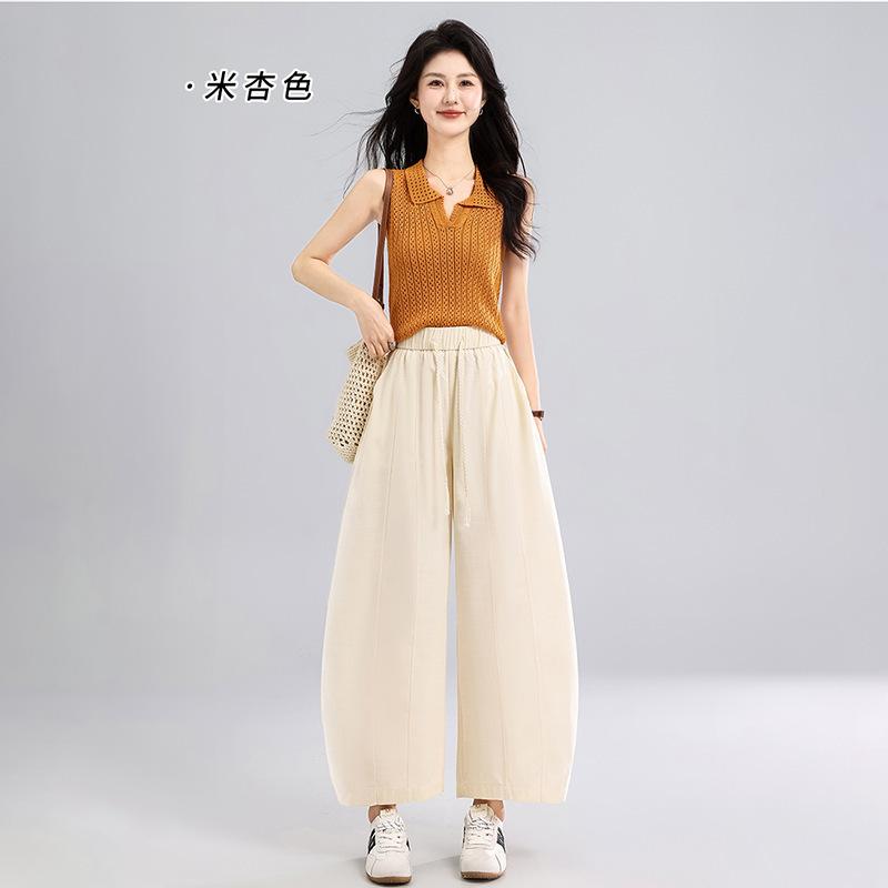 Women's High Waist Balloon Pants Curved Wide Leg Pants Thin Drawstring Casual Korean Style Nine Trousers
