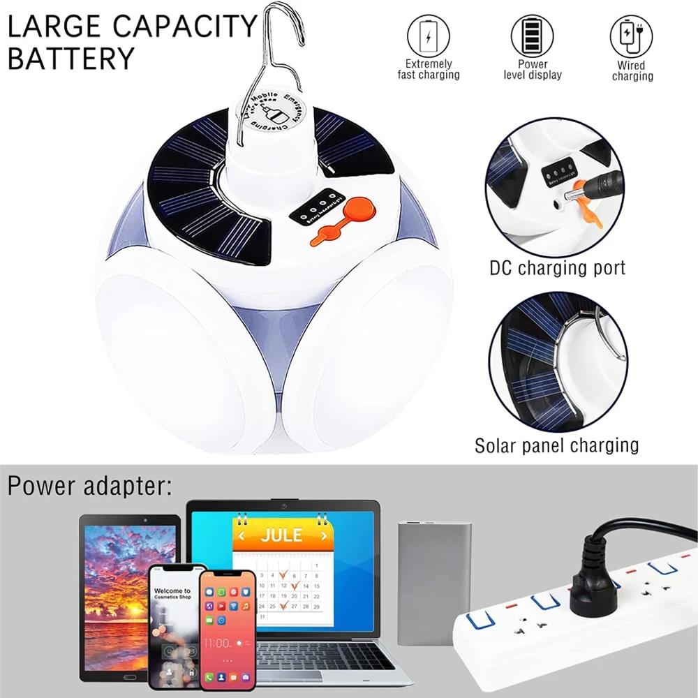 Solar Camping Lantern Portable Tent Lamp Folding LED Football Bulbs Rechargeable USB Camping Light for Home Office Tent Car Lamp