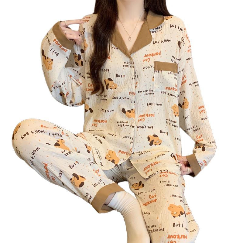 Pajamas Women'S Autumn Cloud Cotton Long-Sleeved Suit Style Japanese Kitten Girl Style Loungewear Can Be Worn Outside