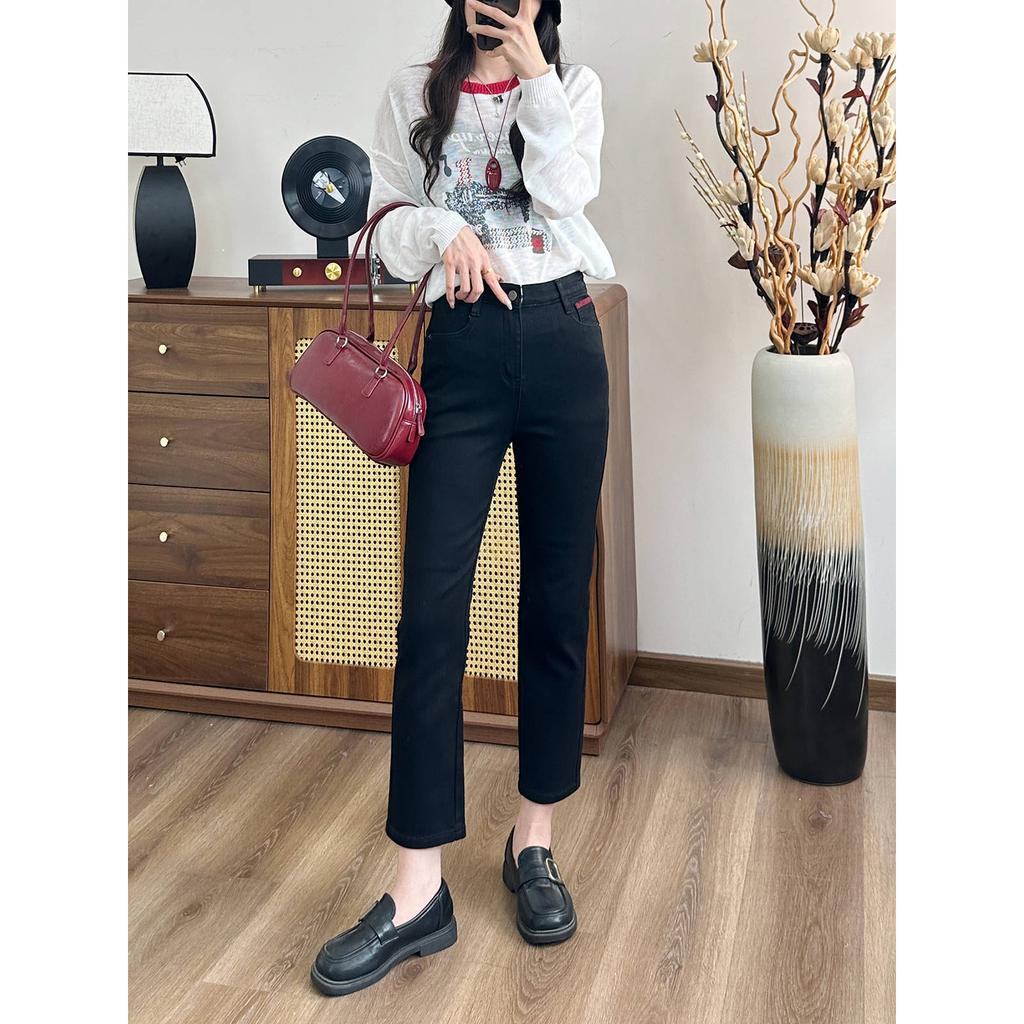 Women's High Waist Slim Straight Ankle Jeans Medium Contrast Back Pocket Nine Length Cigarette Denim Pants Spring Petite Casual Trousers