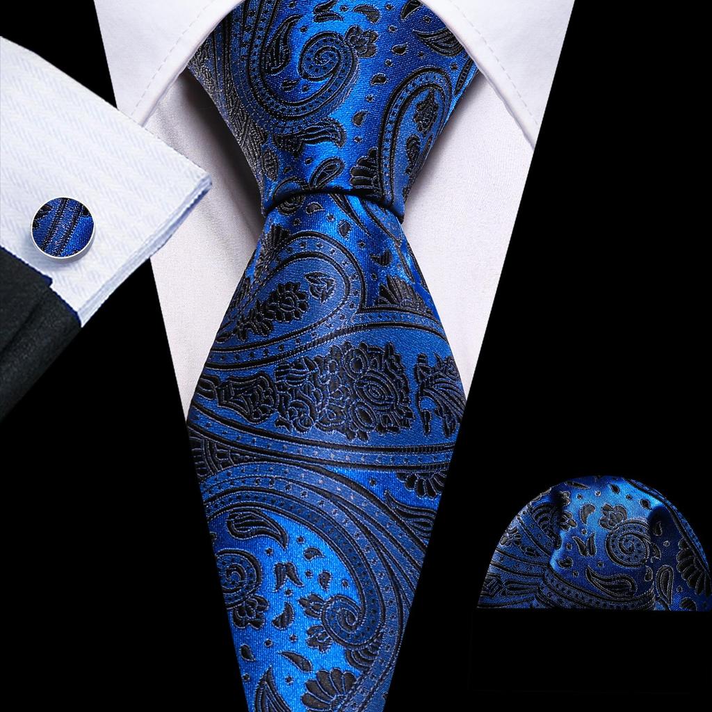 Barry.Wang Krawatten-Taschentuch-Manschettenknöpfe-Set, exquisites, saphirblaues Muster, Jacquard-Gewebt, Hochzeit