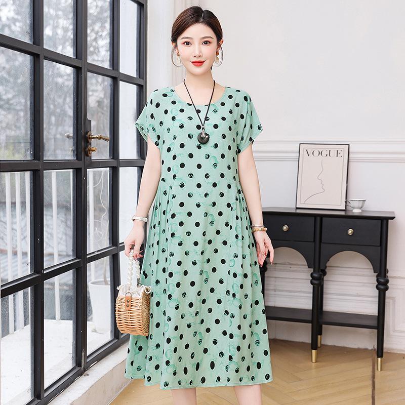 New cotton and silk dress summer large size loose fat mother covering belly and looking thin casual floral long skirt