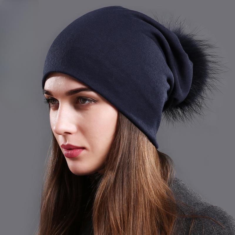 Damen Echter Waschbärfell Bommelmützen Beanies Herbst Winter Warm Einfarbig Mützen Für Frauen Mode Baumwolle Skullies Dünne Mütze