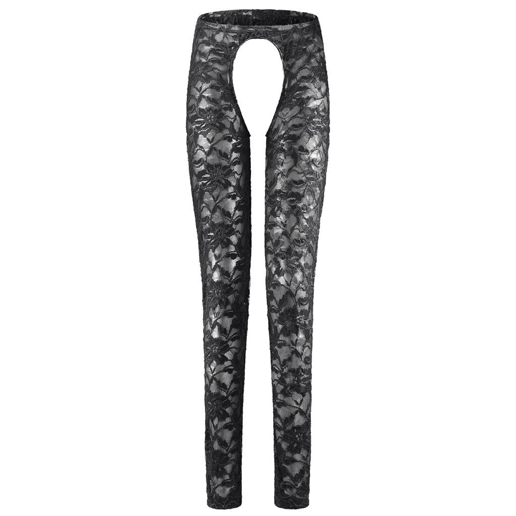 Sissy Lingerie See Through Floral Lace Open Crotch Long Pants Men Low Rise Bottoms Lounge Tight Stretchy Trousers Sleepwear
