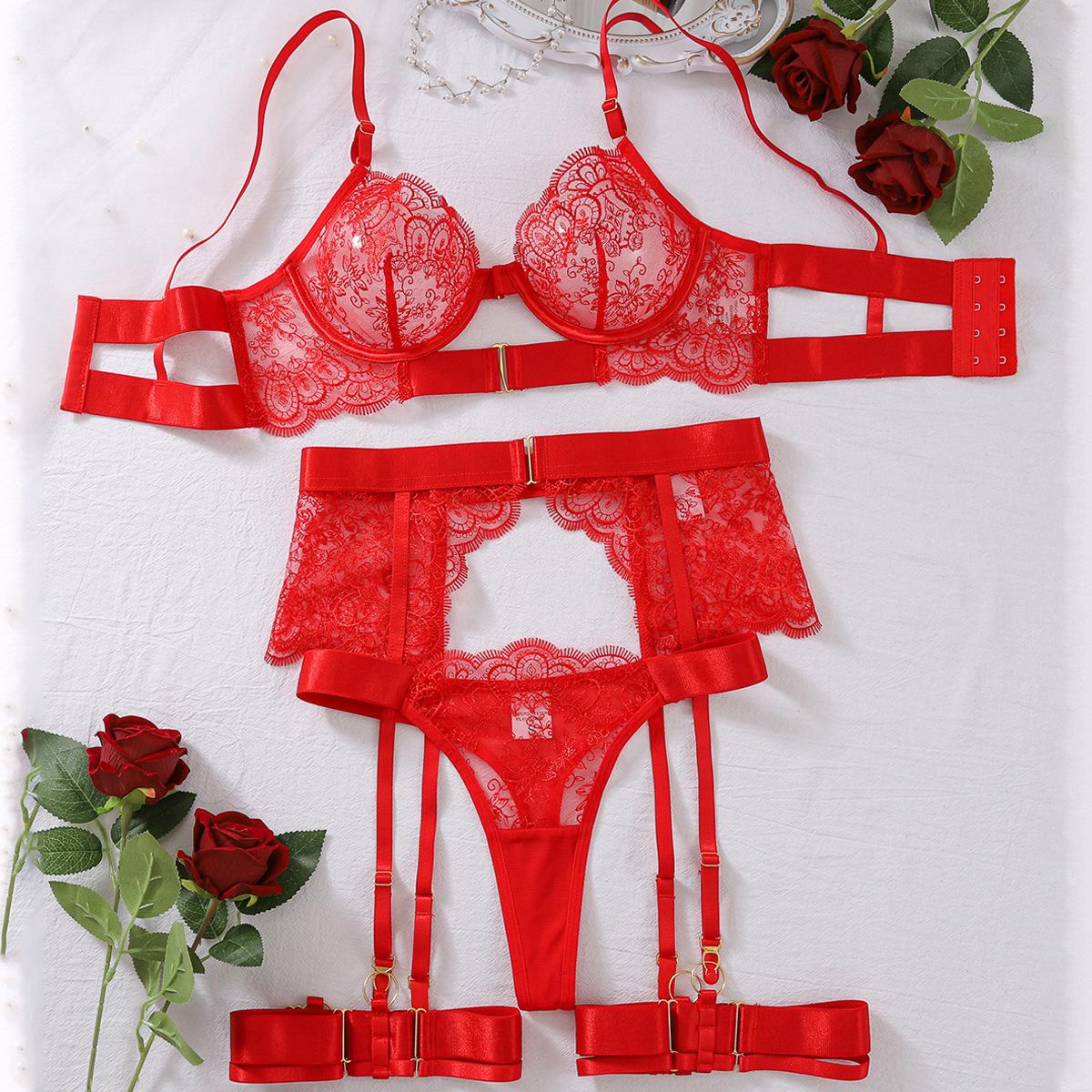 Damen Sexy Shapewear Set Besticktes Wimpernspitzen-Spitzen-Set Transparentes Formendes BH-Set M red