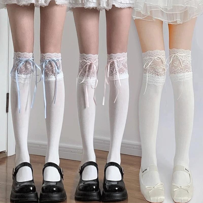 New Thigh High Socks Knit Lace Bowknot Autumn and Winter Thick Leg Warmers Stockings White Black Lolita Cute Over the Knee Socks