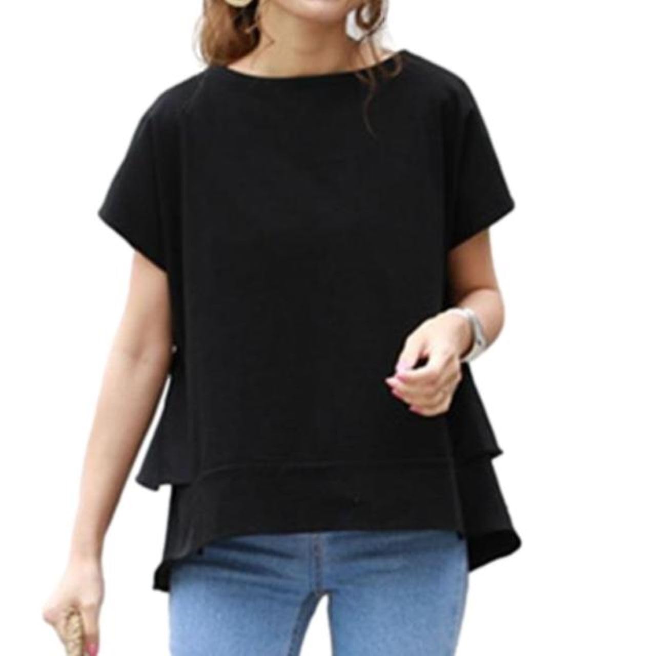 

Short Back Loose Solid Natural J-Scott Women s Spring/Summer Top, Sleeve, Ruffle, Casual, Feminine, Versatile, Fit, Color, Flattering, Coordination, чёрный