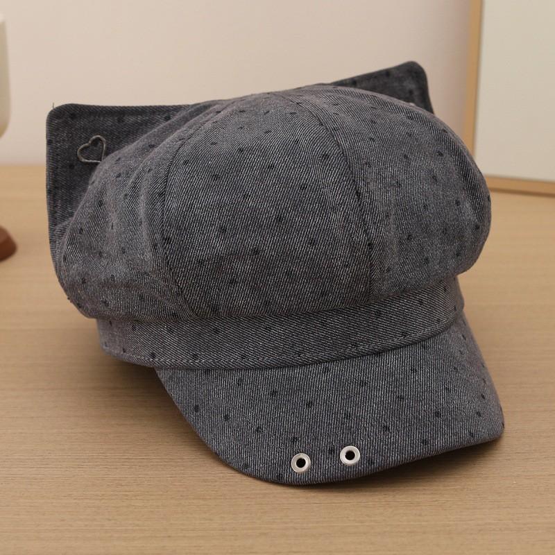 Cute Cat Ear Beret Hat Women - Vintage Octagon Cap With Polka Dots Wide Brim Adjustable Fit Fall Fashion
