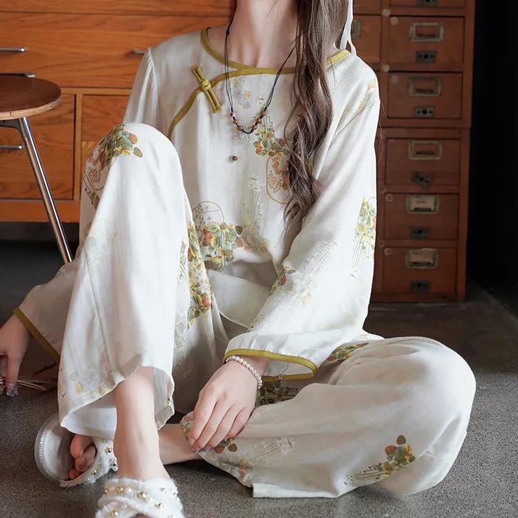 Chinese Plus Size Style 7xl Ultrathin Disc Buckle Hanfu Pajamas Womens Spring Home Service Suit