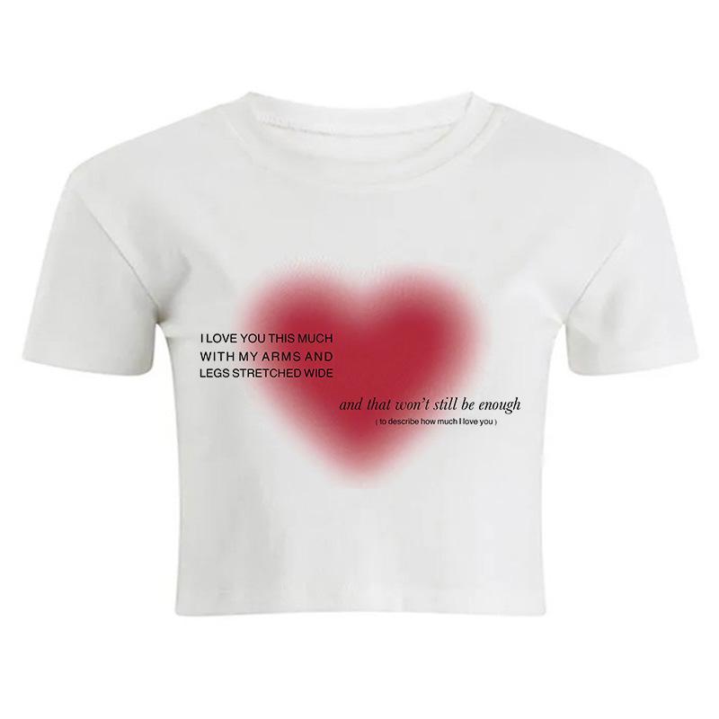 European, American English slogans Printed sexy exposed navel short T-shirt fashionable round neck slim slim top women's multi-picture