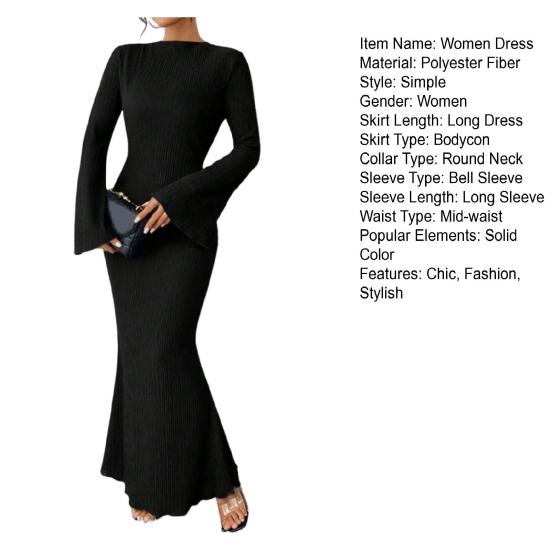 Women's Bell Long Sleeve Bodycon Maxi Dress Mock Neck Slim Fit Party Cocktail Dress Fall Wedding Guest Dress