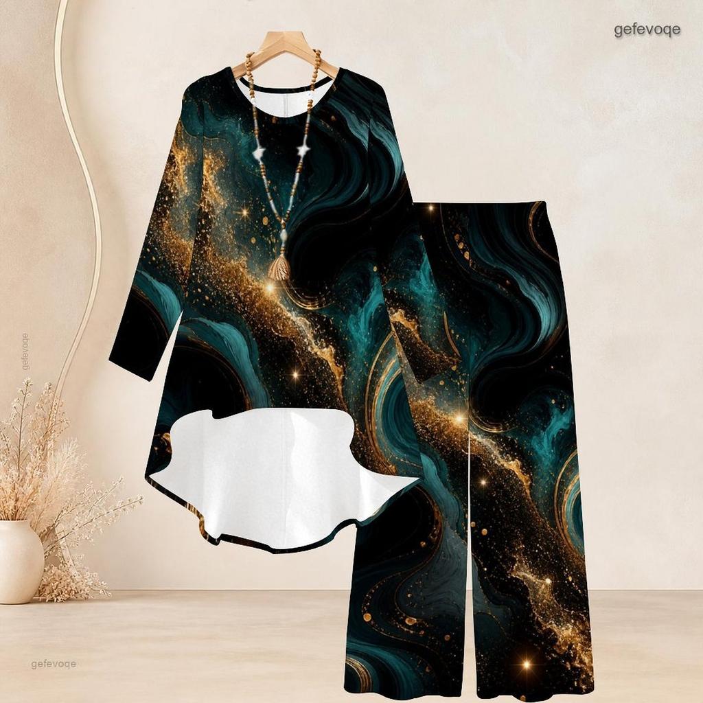 Women Plus Size Round Neck Long Sleeve Printed High Low Top Wide Leg Pants Two Piece Set Red Black