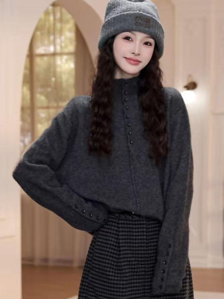 French Grey Women's Half-High Collar Wool Sweater - New Autumn/Winter Versatile Long Sleeve Pullover 2026.