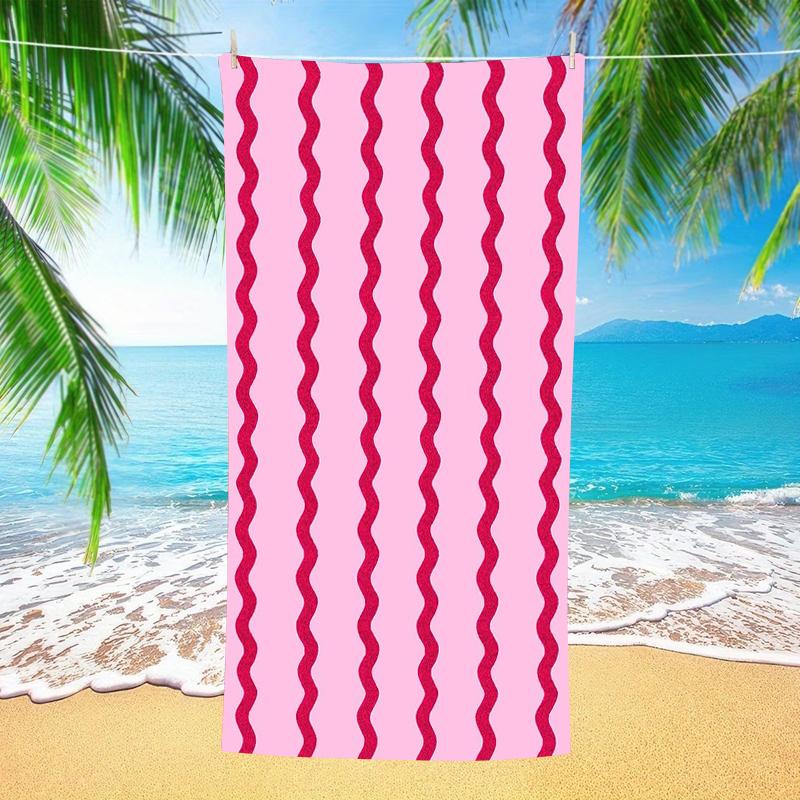 Pink Base Dark Red Wavy Vertical Stripe Simple Pattern Print Microfiber Quick Dry Minimalist Girly Summer Swimming Beach Towel
