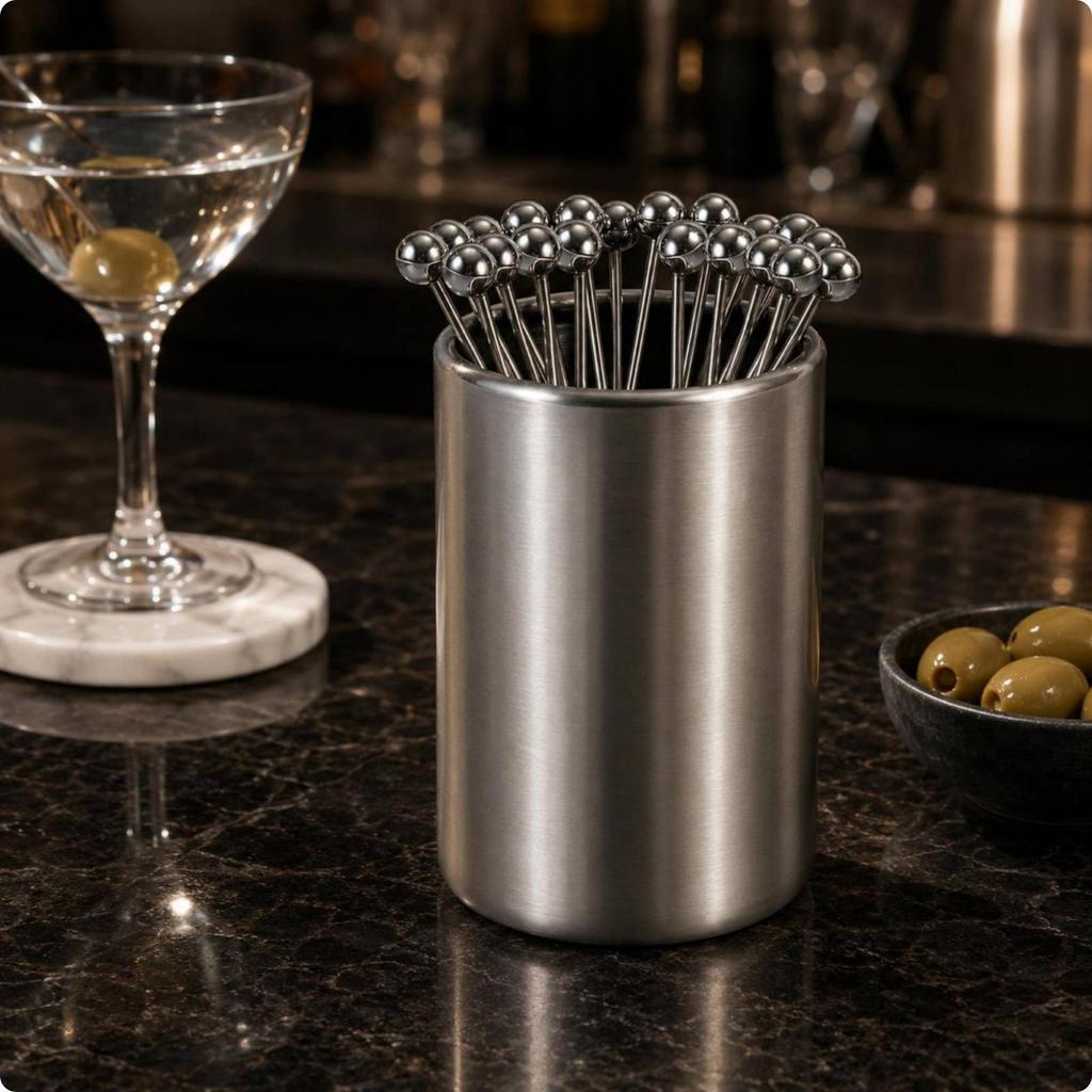 Stainless Steel Pick Holder Set Cylindrical Cocktails Open Top