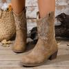 Damen Überweite Braune Westernstiefel, Rundzehen-Mittelwaden-Stiefeletten, Vintage Klobiger Absatz Knöchelstiefel für Damen