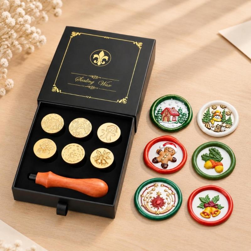 Decorative Wax Seal Stamp with Metal Components and 6 Round Design Disks for Gift Wrapping, Journaling, and Scrapbooks