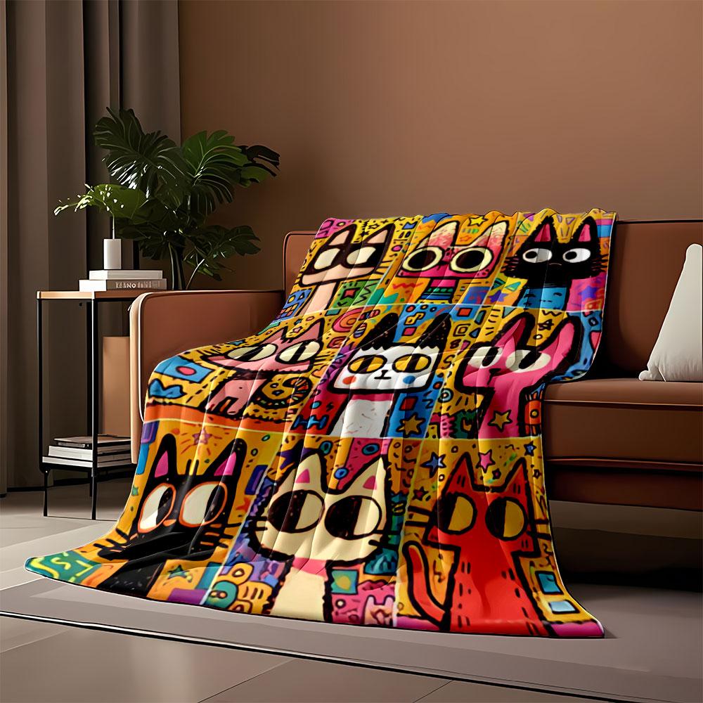 Colorful cartoon cats with large eyes against vibrant geometric backgrounds. for all seasons blanket lunch break throw gift