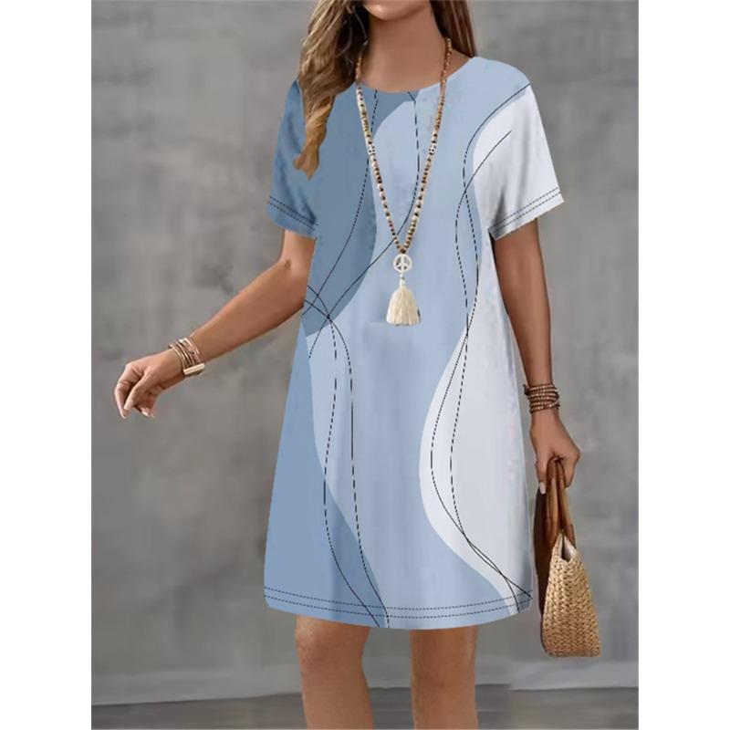 Women Dress Stripe Gradient Printing Design Sense Pattern New Summer Elegant A-Line Short Sleeve Dress Casual Mini Dress