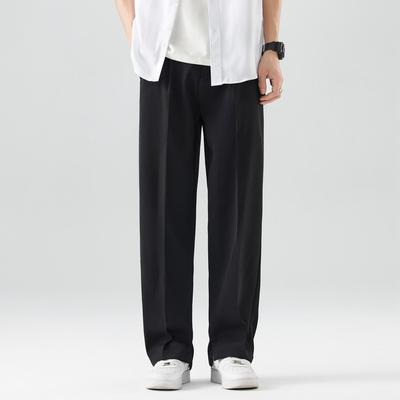 Calças casuais de verão masculinas, poliéster respirável, moda coreana, semi-larga, com faixa na cintura, calças retas, soltas, drapeadas