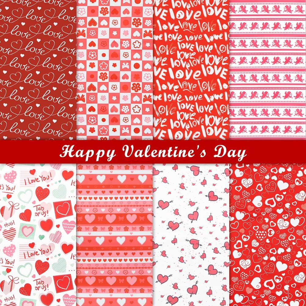 Valentine's Day Cotton Fabric Squares 20x20 Inch, 8PCS Valentine Fabric Heart Print Red Pink Patchwork Sewing for DIY Crafts Supplies, Gift Wrap for
