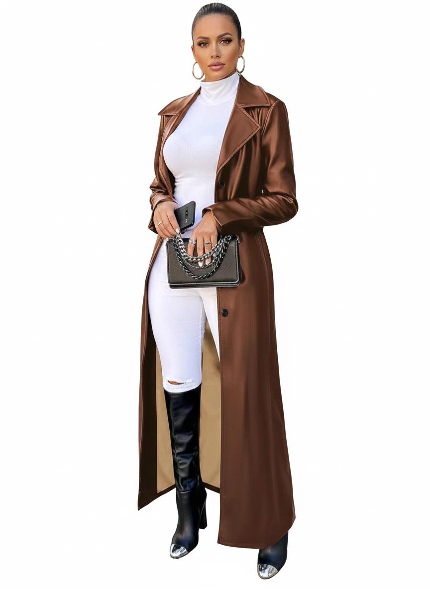 

Trench Stylish Brown Genuine Handmade Casual Women s Coat Leather Lambskin Party 3XL коричневий