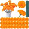 30Pcs Artificial Marigold Flowers, Orange Silk Flower Heads with Iron Stems for Diwali Marigold Decoration Halloween Party Day of The Dead Garland