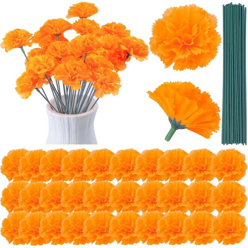 30Pcs Artificial Marigold Flowers, Orange Silk Flower Heads with Iron Stems for Diwali Marigold Decoration Halloween Party Day of The Dead Garland