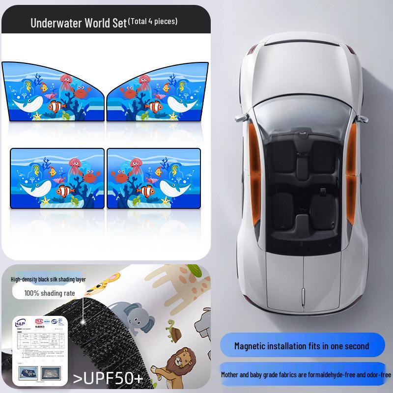 Children's Car Sunshade: Heat-Blocking, Retractable Magnetic Curtain with Cartoon Design for Baby Privacy