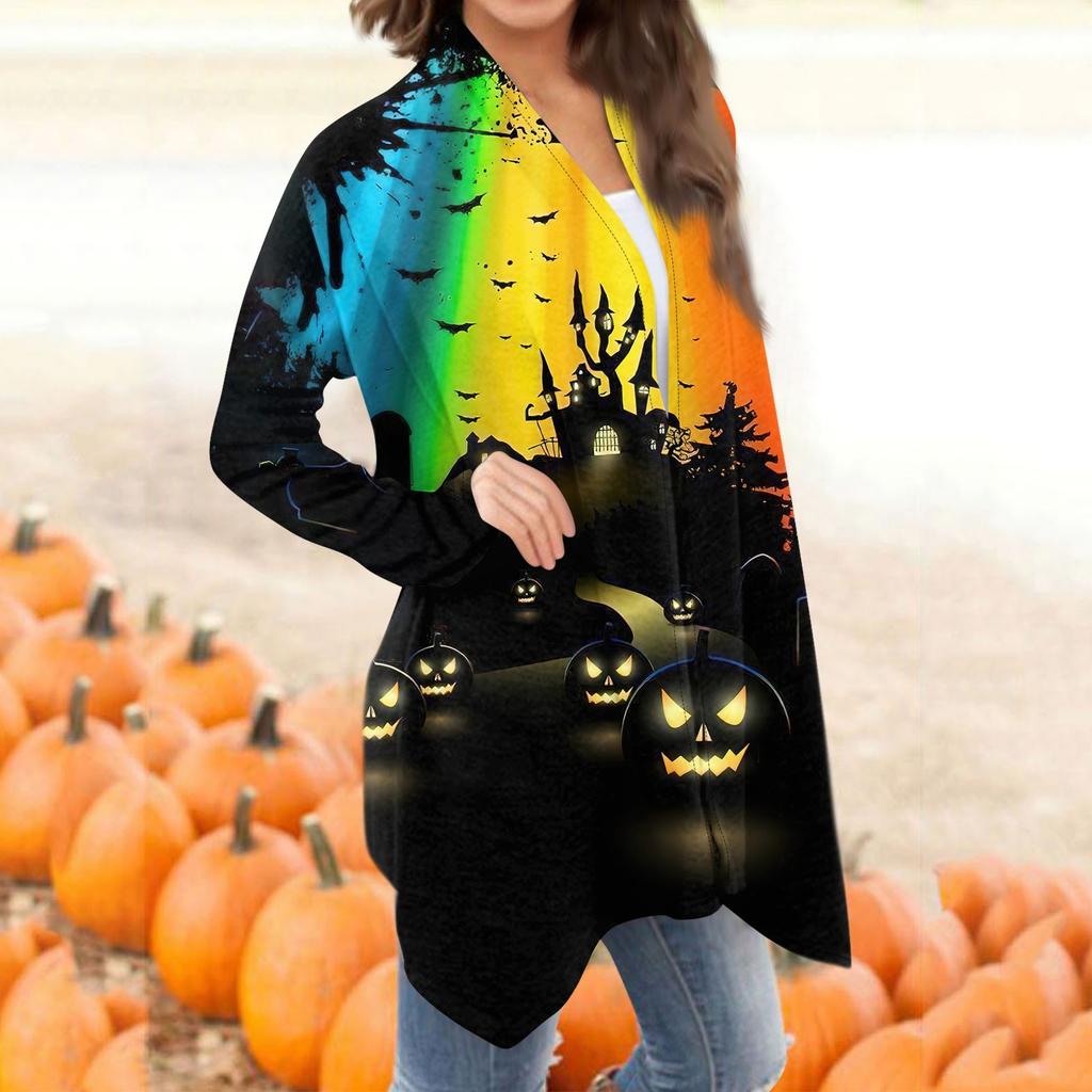 Moda damska Casual Halloweenowy nadruk średniej długości kardiganowy płaszcz