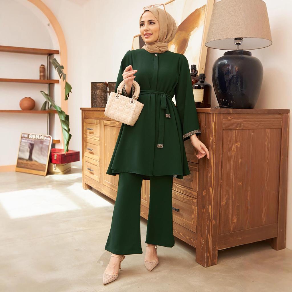 Muslim Women's Fashion 2-Piece Set: Hot Drilling Loose Top & Flared Pants