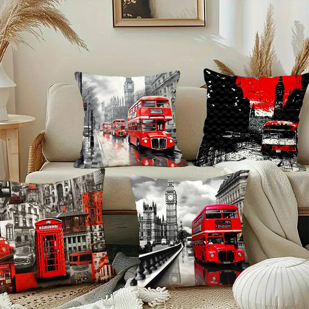 Federa Cuscino Stampa Autobus Rosso di Londra Peluche Corto Stampa Double-sided Copricuscini Quadrati Decorazione Cuscino per Divano Casa
