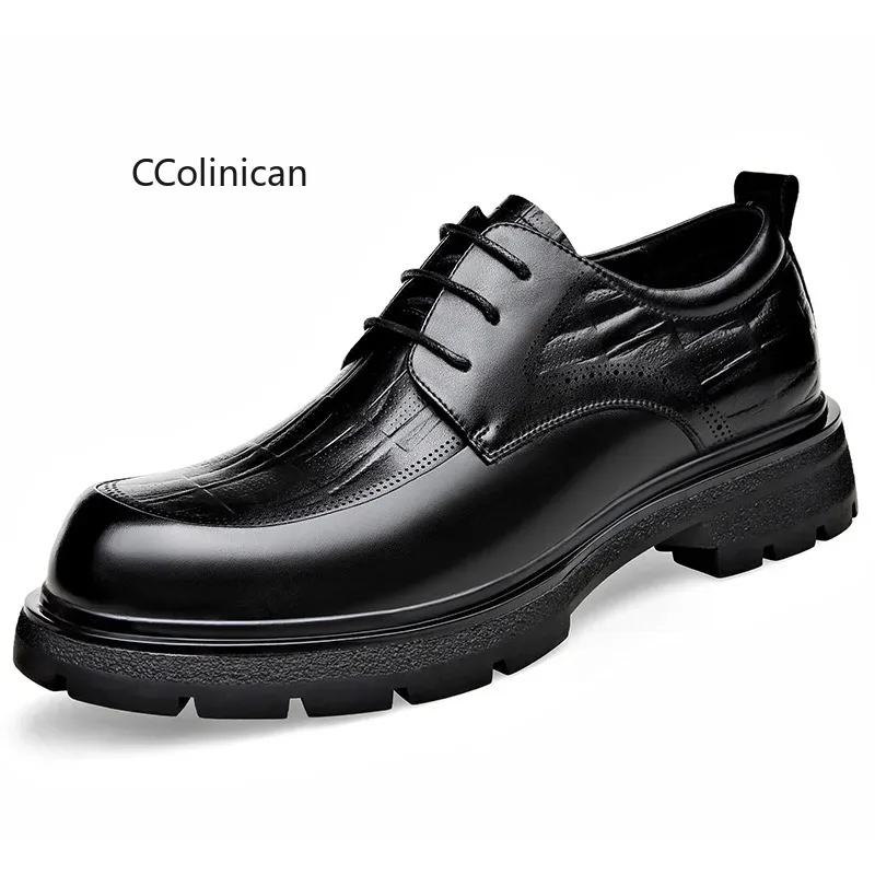 Thick Bottom Men Genuine Leather Dress Shoes Fashion Pointed Toe Business Casual Shoes Brand Walking Footwear Lace-Up Loafers