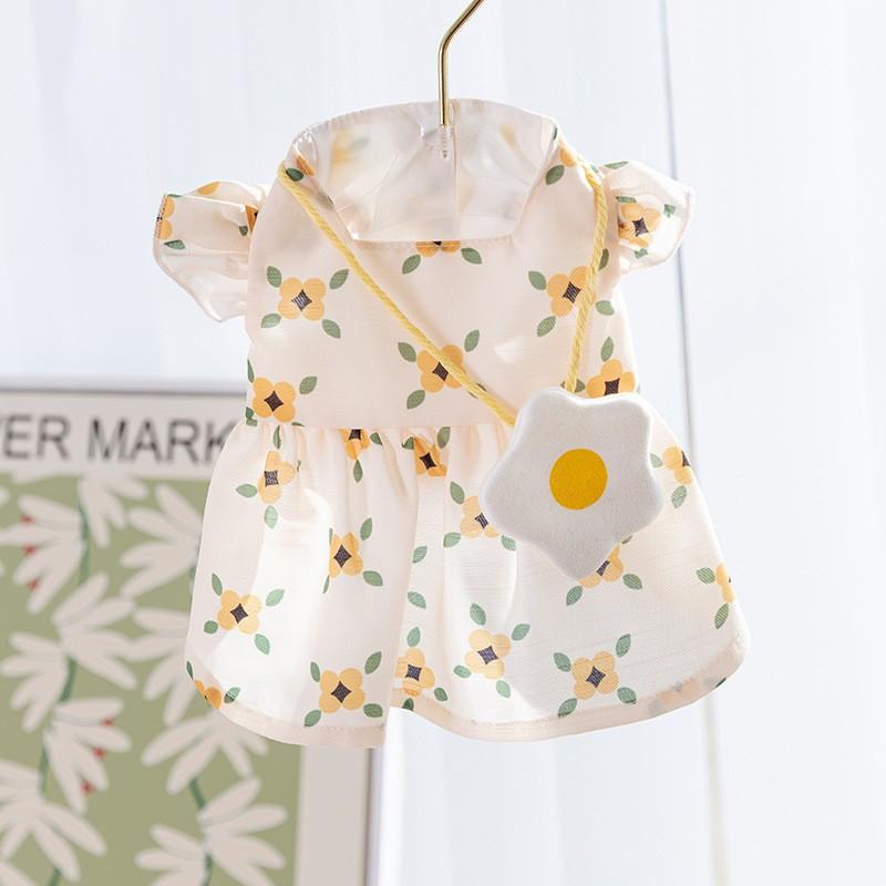 Rochie de vară cu flori tridimensionale, floarea-soarelui, geantă tip poștaș, rochie de soare, rochie cu două picioare pentru pisici, rochie de vară pentru animale de companie