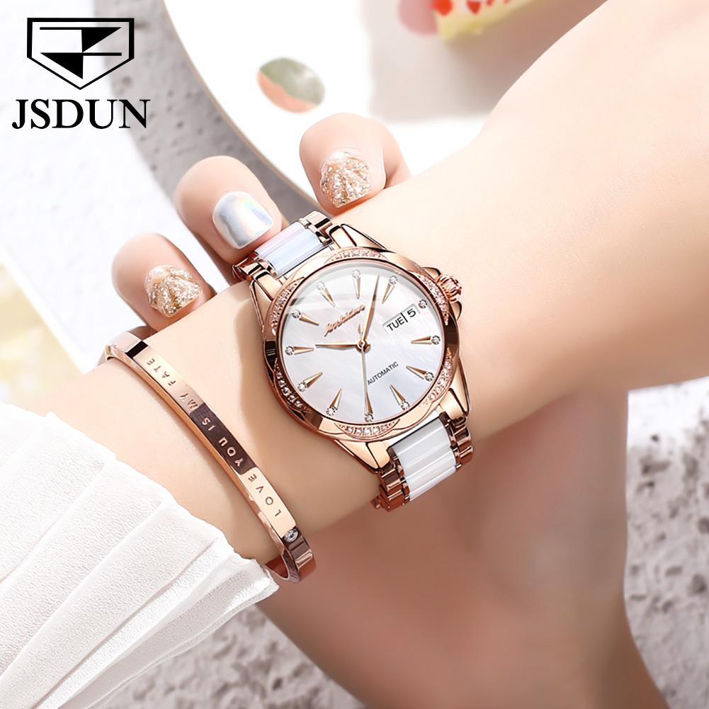 JSDUN Automatische Mechanische Uhr für Damen Luxus Diamant Perlmutt Zifferblatt Elegant Roségold Keramikarmband Damen Armbanduhren