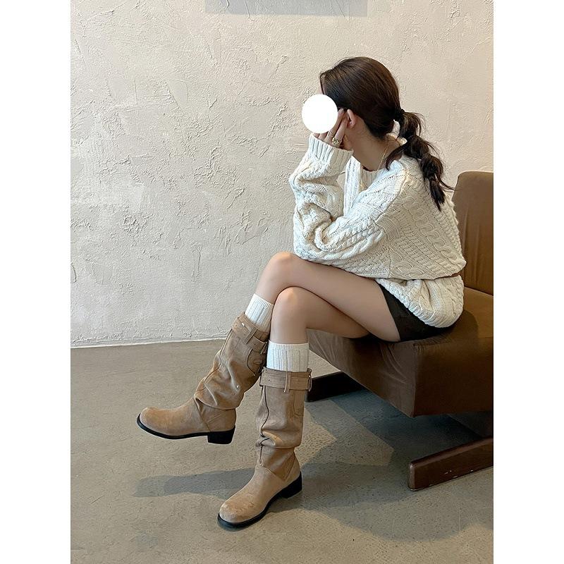 Cowhide Version But Knee Boots Women's 2025 New Thick Heel Round Head Thin Tall Knight Boots Pleated Pile Boots