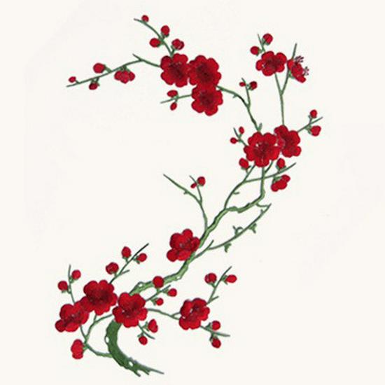 Large Chinese-Style Plum Blossom Flower Embroidery Patches: Green, Red, Blue, White & Pink - Clothing Accessories