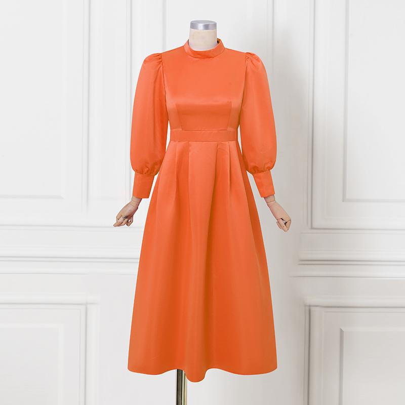 Elegant Women Stand Neck Puff Long Sleeve Casual Long Maxi Swing Dress