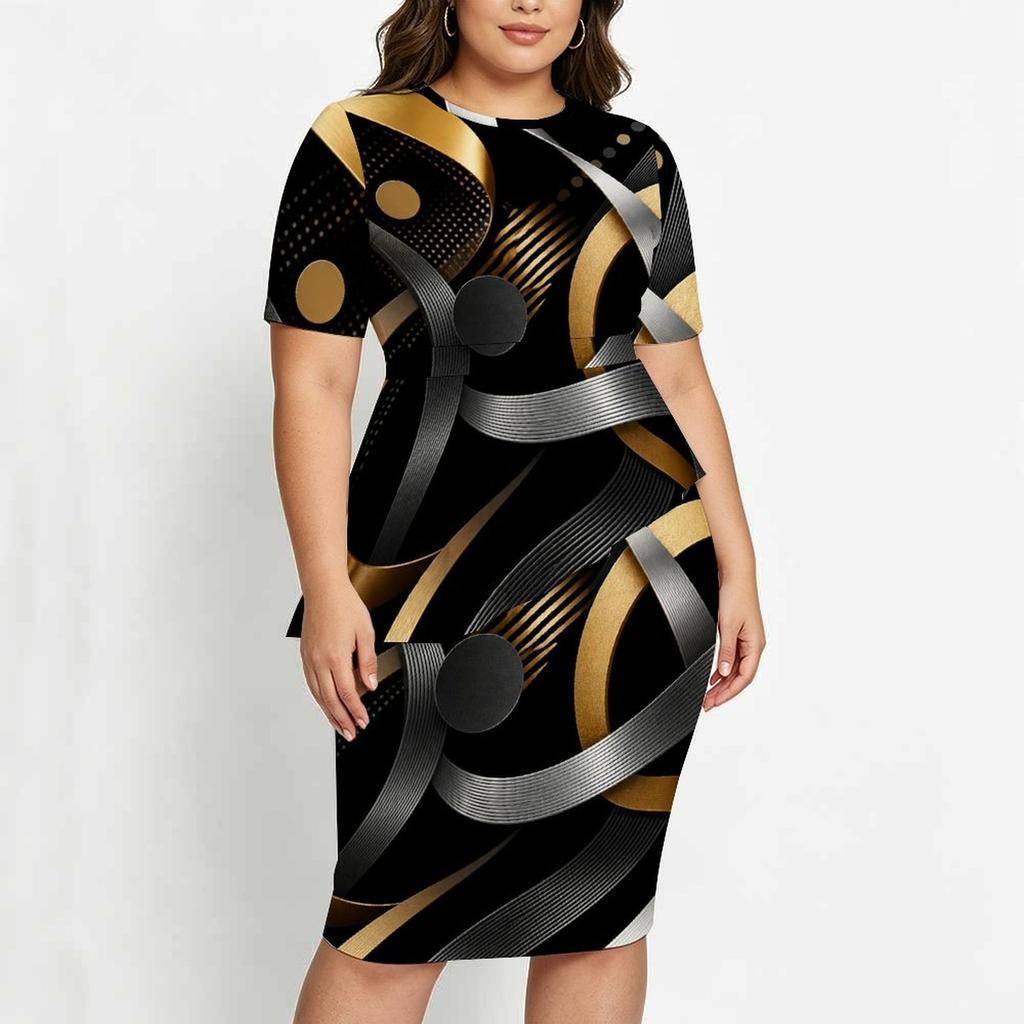 Women Plus Size Halloween Printed Round Neck Short Sleeve Asymmetric Top Fitted Skirt Two Piece Set
