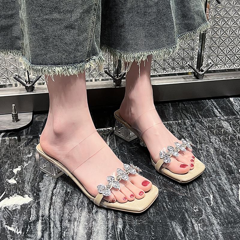 

Модная обувь женская 2025 Новые шлепанцы женские с открытым носком Модные хрустальные уличные платья Летние квадратный носок Бестселлер Каблуки Женские Zapatos 40 бежевый