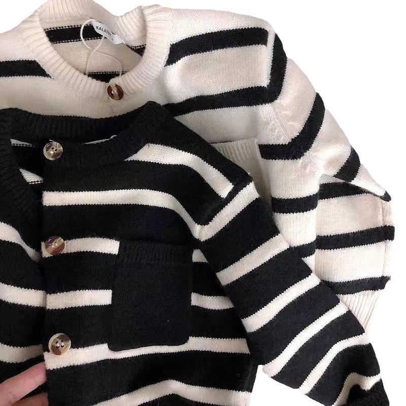 Korean Kids' Soft Striped Cardigan Sweater - Unisex, Spring & Autumn, Trendy Knitted Coat