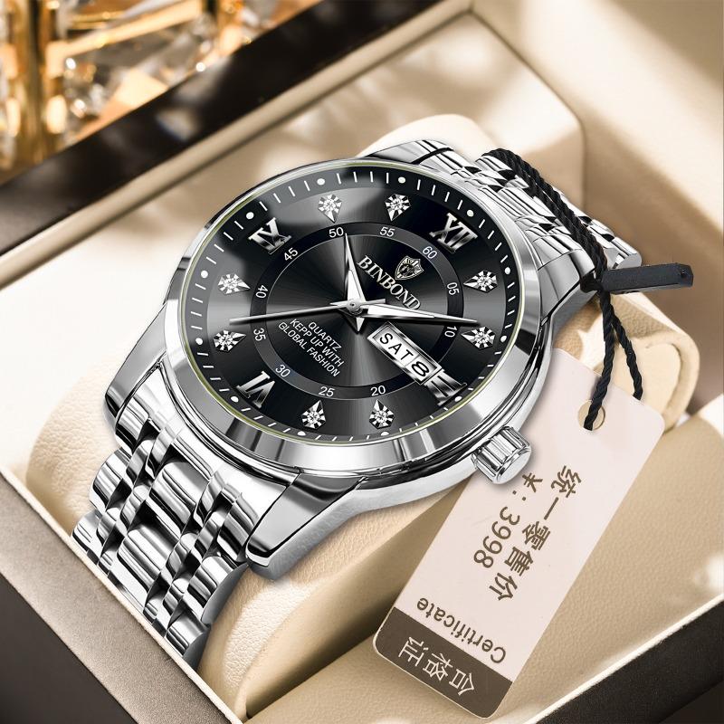 Binbang Quartz Movement Waterproof Luminous Business Fashion Double Calendar Diamond Steel Belt Butterfly Buckle Men's Watch