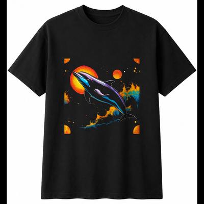 Dolphin Psychedelic Sea Ocean Mens T-Shirt Black 100% Cotton Printed Nature