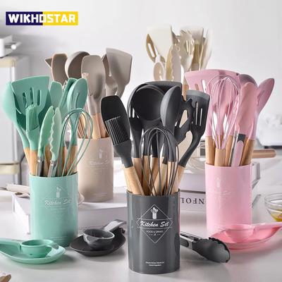 12Pcs Silicone Cooking Utensils Set Wooden Handle Kitchen Cooking Tool Non-stick Cookware Spatula Shovel Kitchenware Egg Beaters