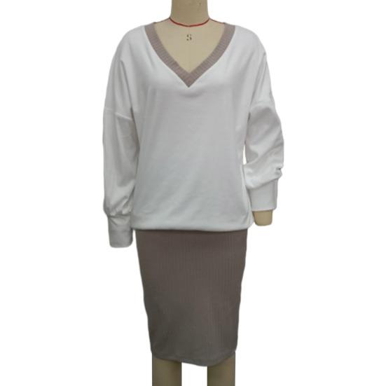 Conjunto de falda superior para mujer, otoño e invierno, cuello en V, manga larga, blusa elástica suelta, punto, tubo, cintura alta, corte ajustado, largo hasta la rodilla, falda midi, suéter, falda superior