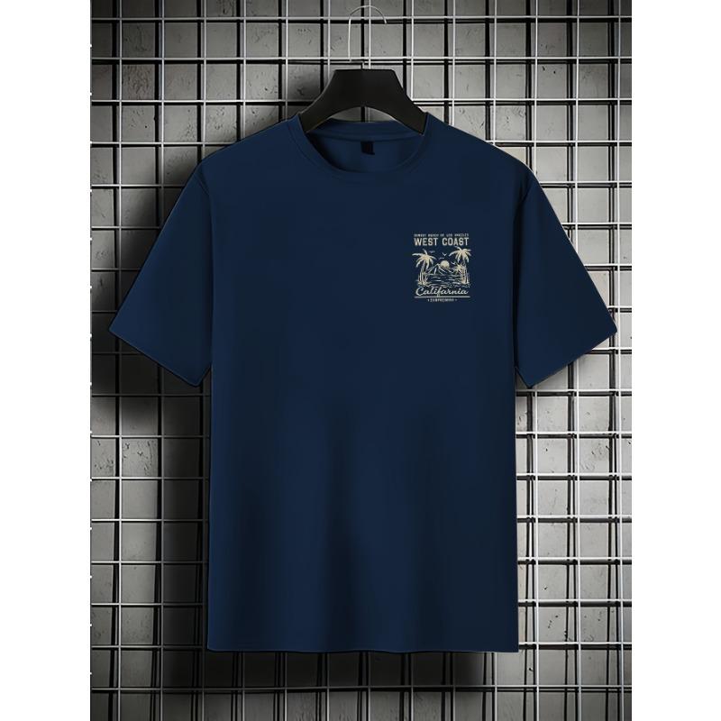 T-shirt da uomo casual larga in 100% cotone puro, stile retrò, con stampa a tema spiaggia California e surf, girocollo, manica corta