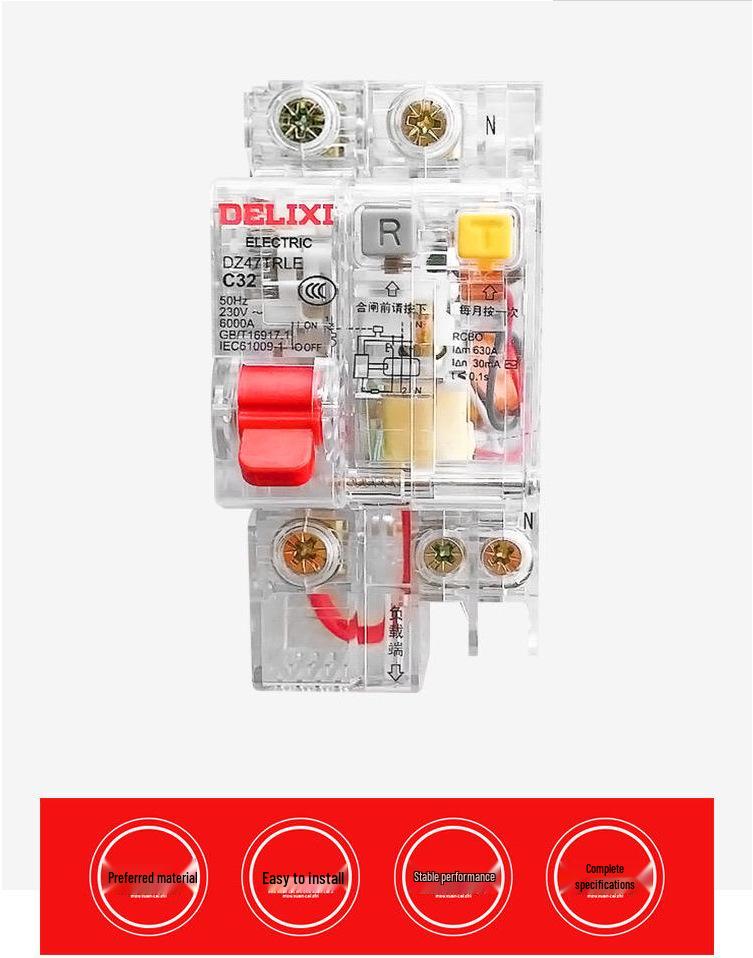 DELIXI Transparent Earth Leakage Circuit Breaker with RCD Switch, 1P+N/2P/3P/4P, 32A/63A Air Switch.